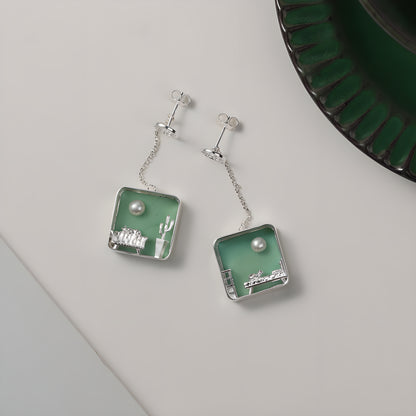 Cat at Home Micro Scene Pearl Earrings in S925 Sterling Silver