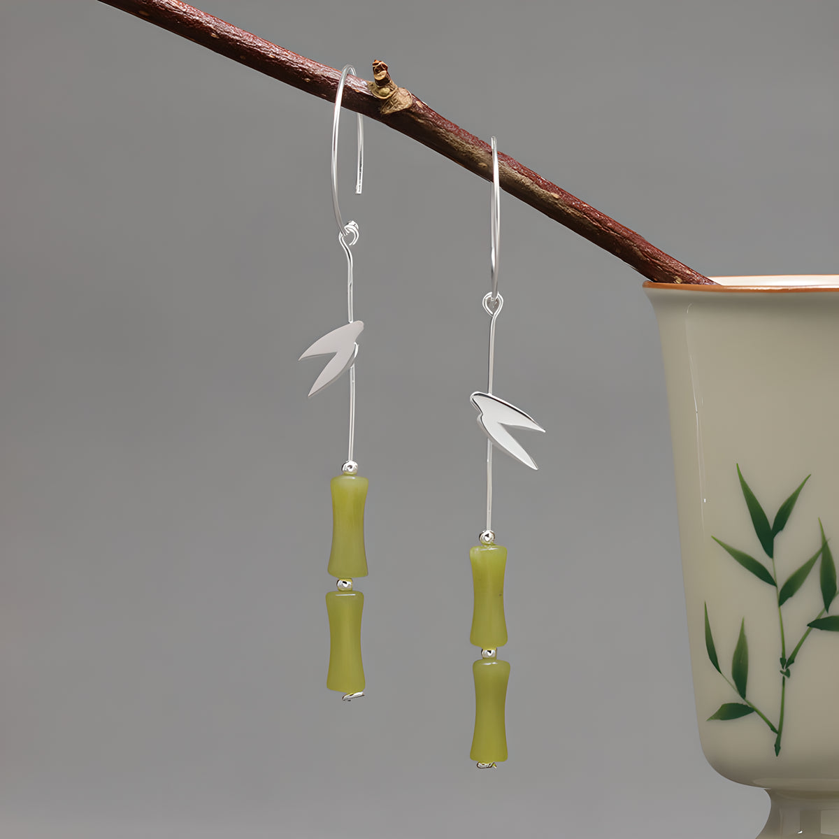 Bamboo Leaf Sterling Silver New Chinese Style Earrings - Minimalist Design