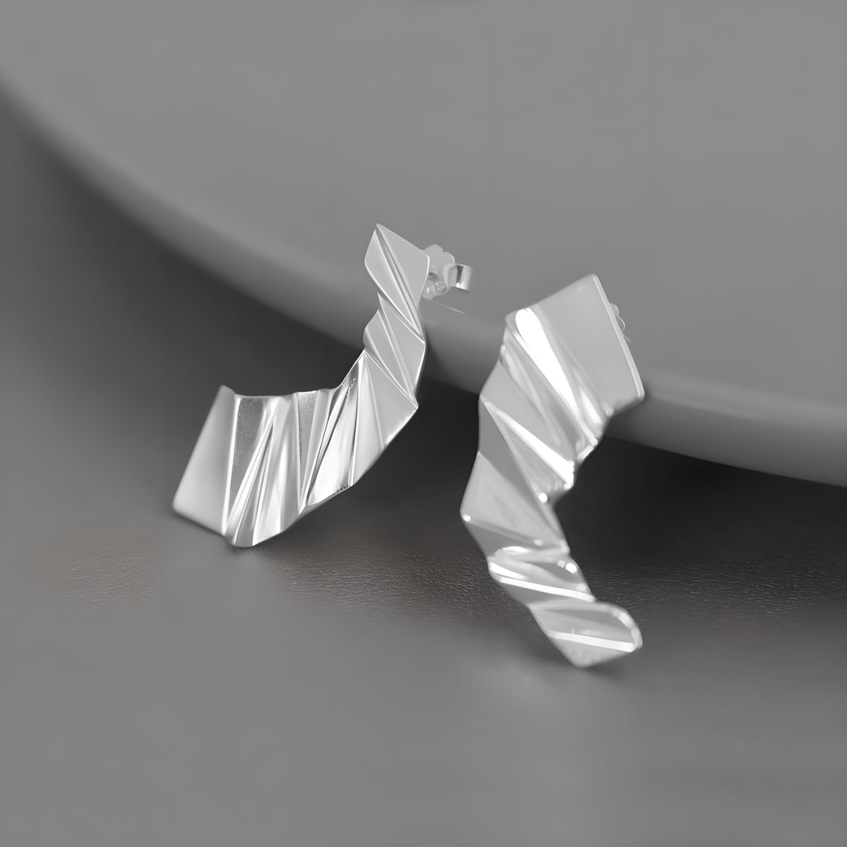 Asymmetric Sterling Silver Paper Folding 3D Construction Earrings