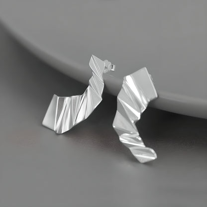 Asymmetric Sterling Silver Paper Folding 3D Construction Earrings