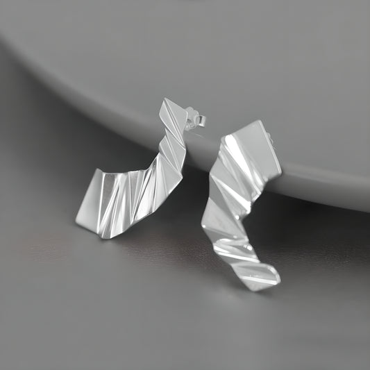 Asymmetric Sterling Silver Paper Folding 3D Construction Earrings