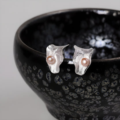 Lotus Leaf Pearl Clip-On Earrings 925 Sterling Silver Chinese Style