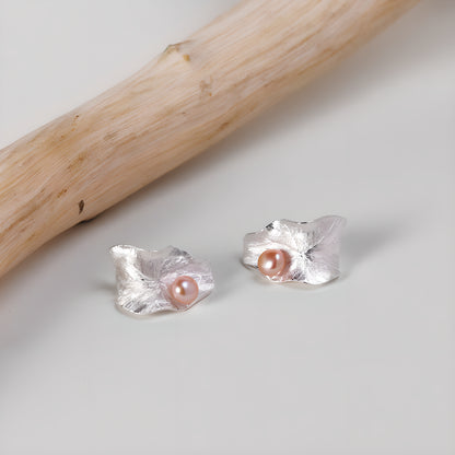 Lotus Leaf Pearl Clip-On Earrings 925 Sterling Silver Chinese Style