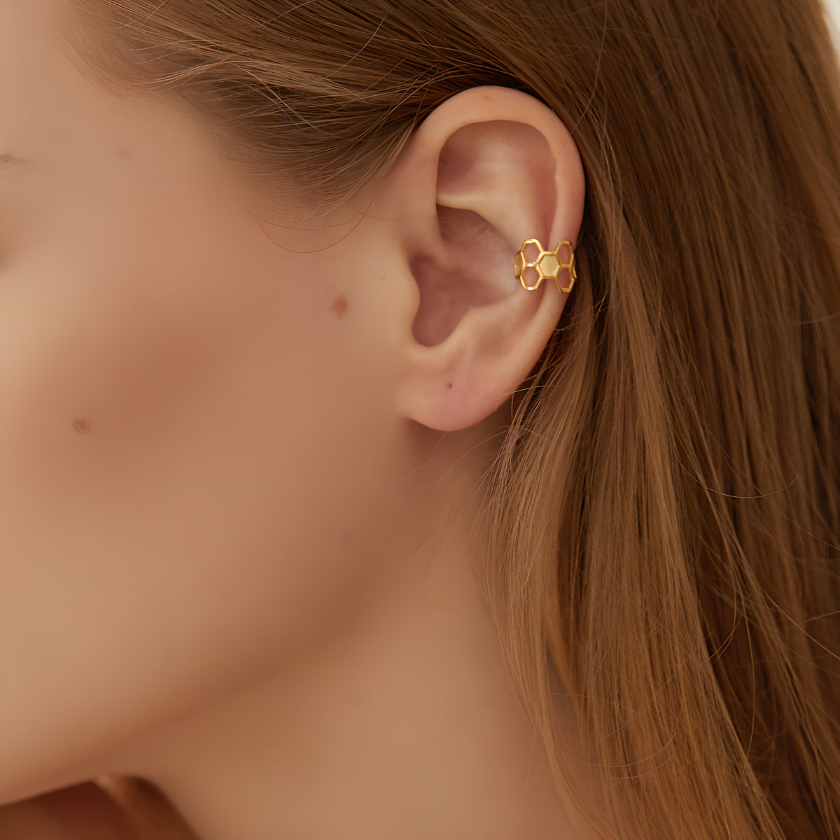 Geometric Honeycomb Bee Minimalist Unisex Ear Cuffs S925 Silver