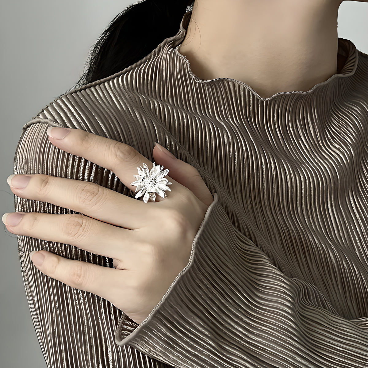 African Daisy Flower Adjustable Open Ring 925 Sterling Silver