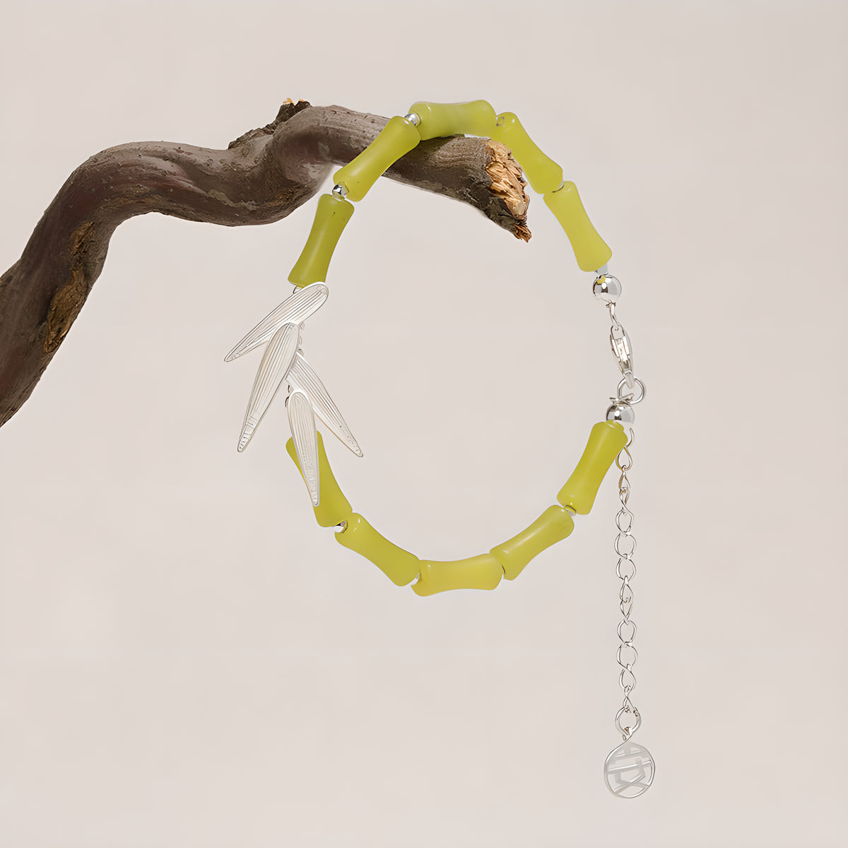 Bamboo Leaf Jade Bracelet Sterling Silver Natural Floral Design