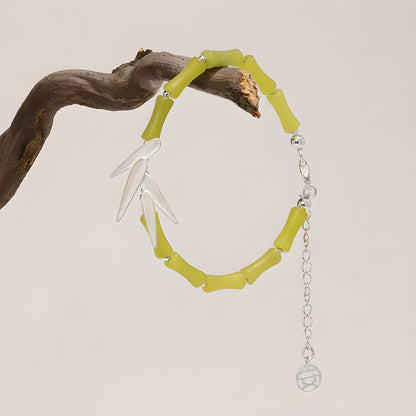 Bamboo Leaf Jade Bracelet Sterling Silver Natural Floral Design