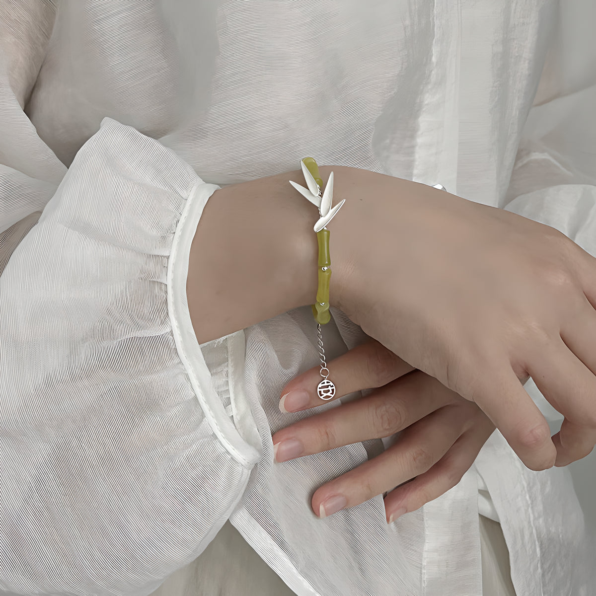 Bamboo Leaf Jade Bracelet Sterling Silver Natural Floral Design