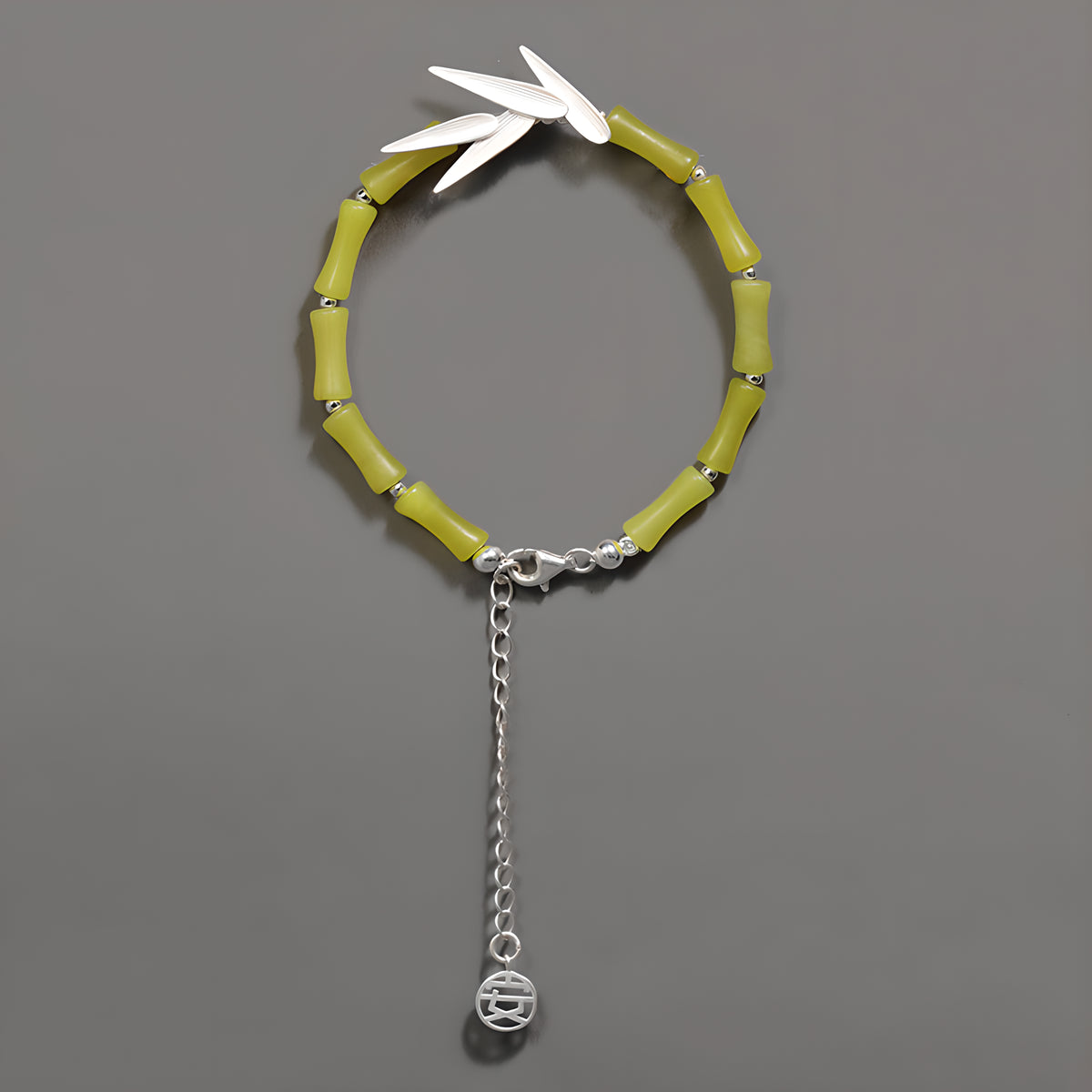 Bamboo Leaf Jade Bracelet Sterling Silver Natural Floral Design