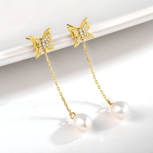 Butterfly Bow Pearl Dangle Earrings