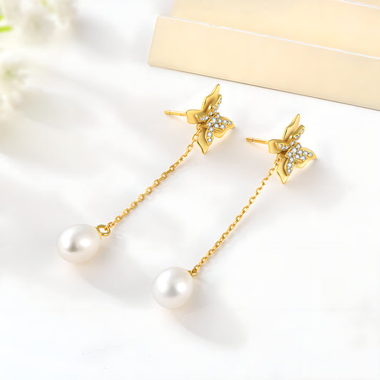 Butterfly Bow Pearl Dangle Earrings