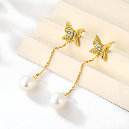 Butterfly Bow Pearl Dangle Earrings