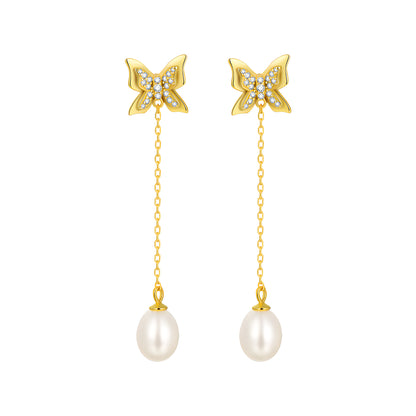 Butterfly Bow Pearl Dangle Earrings