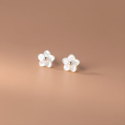 Pure Silver 999 Simple Shell Five-Petal Flower Stud Earrings Korean Style