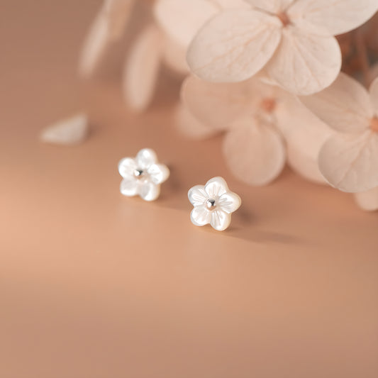 Pure Silver 999 Simple Shell Five-Petal Flower Stud Earrings Korean Style