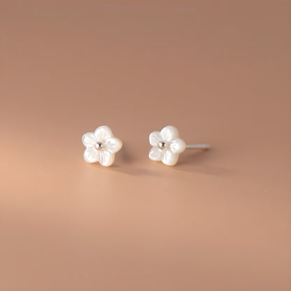Pure Silver 999 Simple Shell Five-Petal Flower Stud Earrings Korean Style