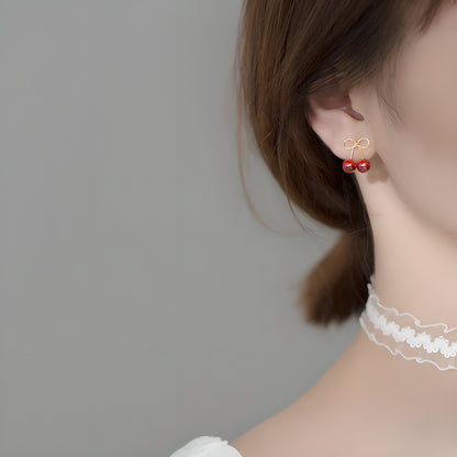 Red Cherry Stud Earrings S925 Silver with Synthetic Red Zircon