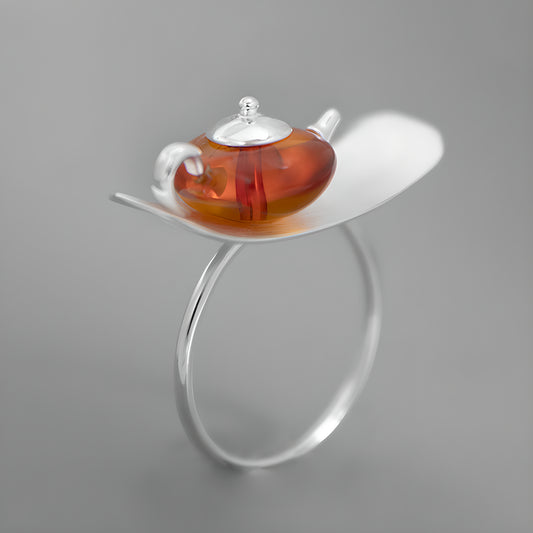 S925 Sterling Silver Tea Pot Ring with Amber Inlay Adjustable Opening