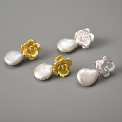 S925 Sterling Silver Camellia Flower Earrings Vintage Style