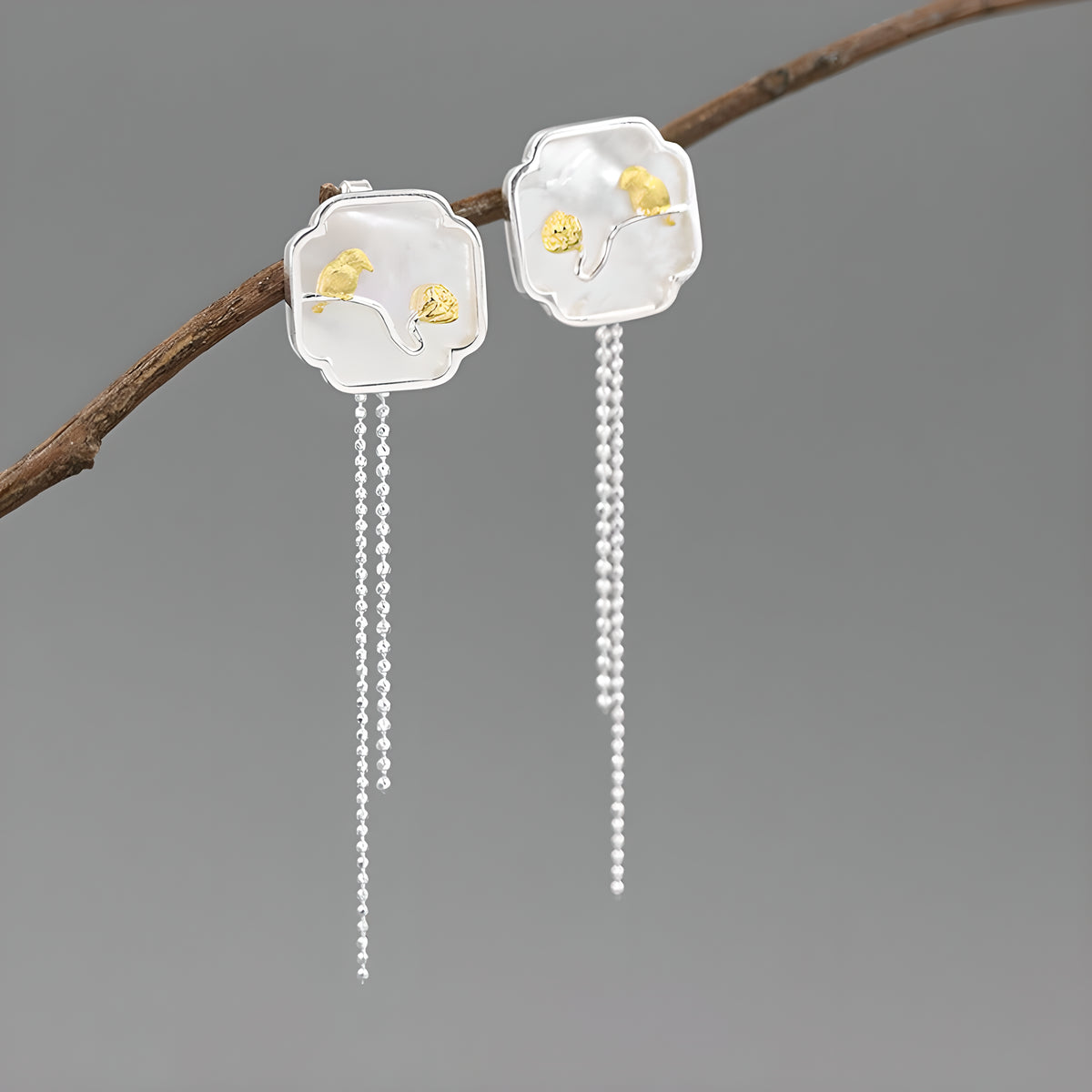 Vintage Bird & Lotus Tassel Earrings with White Shell in S925 Sterling Silver