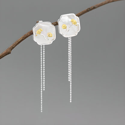 Vintage Bird & Lotus Tassel Earrings with White Shell in S925 Sterling Silver