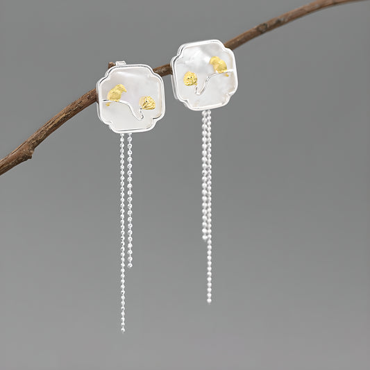 Vintage Bird & Lotus Tassel Earrings with White Shell in S925 Sterling Silver