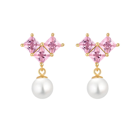 S925 Sterling Silver Pink Heart Necklace & Pearl Earrings Set Sweet Style