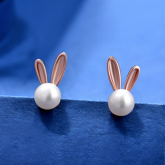 S925 Sterling Silver Cute Rabbit Pearl Stud Earrings