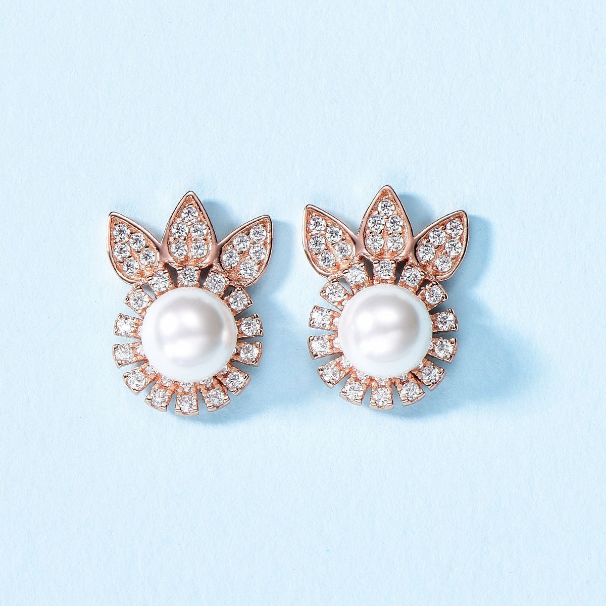 S925 Sterling Silver Floral Pearl Stud Earrings Rose Gold Minimalist