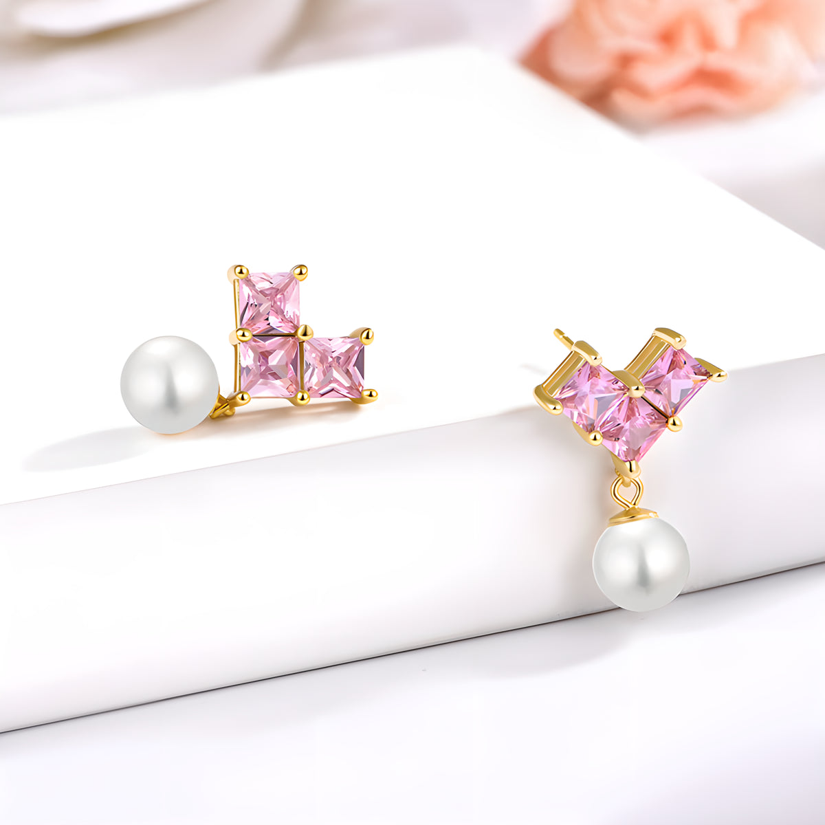 S925 Sterling Silver Pink Heart Necklace & Pearl Earrings Set Sweet Style