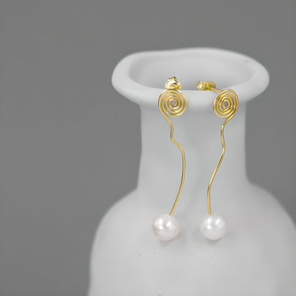 Geometric Curved Pearl Earrings S925 Sterling Silver