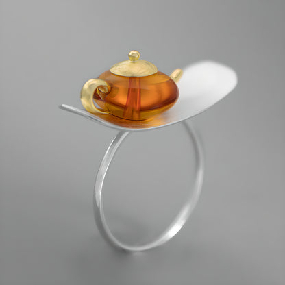 S925 Sterling Silver Tea Pot Ring with Amber Inlay Adjustable Opening