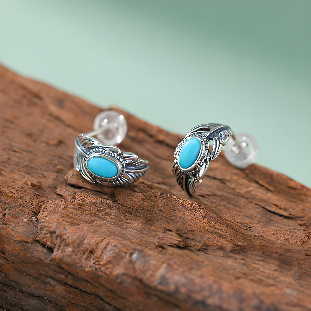 Turquoise S925 Sterling Silver Feather Oval Egg Shape Vintage Bohemian Clip-on Earrings