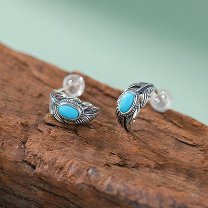 Turquoise S925 Sterling Silver Feather Oval Egg Shape Vintage Bohemian Clip-on Earrings