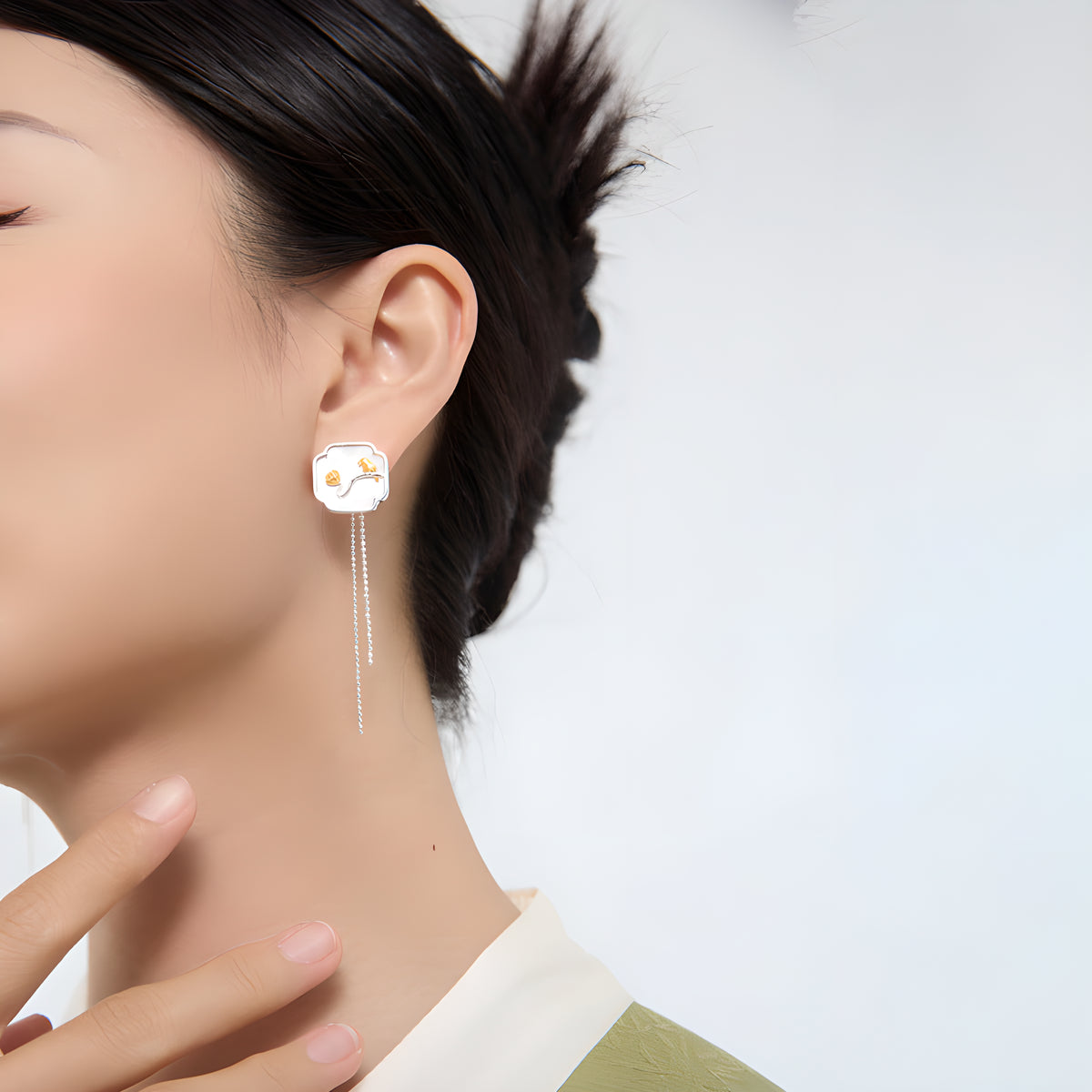 Vintage Bird & Lotus Tassel Earrings with White Shell in S925 Sterling Silver