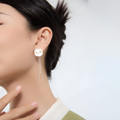 Vintage Bird & Lotus Tassel Earrings with White Shell in S925 Sterling Silver