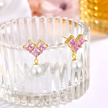 S925 Sterling Silver Pink Heart Necklace & Pearl Earrings Set Sweet Style