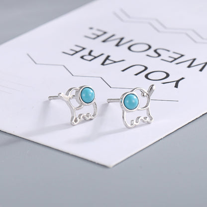 韩版新款S925纯银绿松石迷你精美简约大象耳钉气质款耳饰品