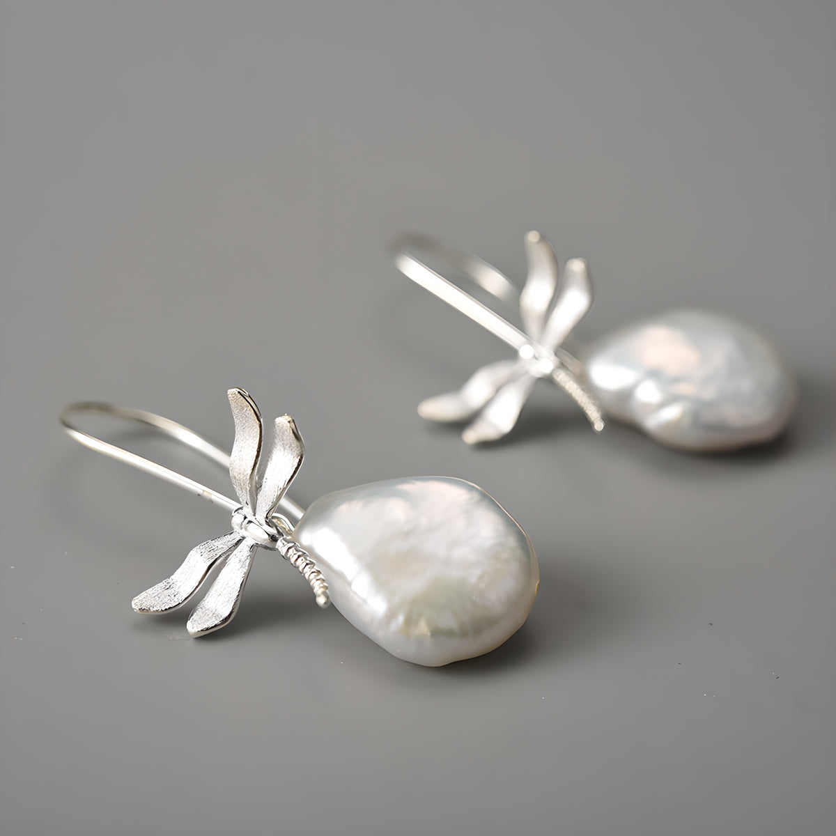 S925 Sterling Silver Detachable Dragonfly Baroque Earrings