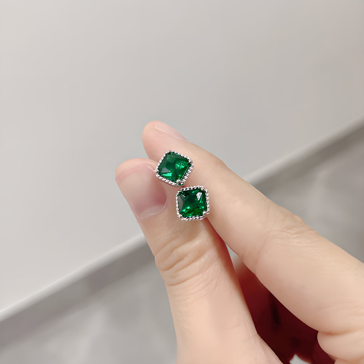 Square Cubic Zirconia Emerald Green Stud Earrings