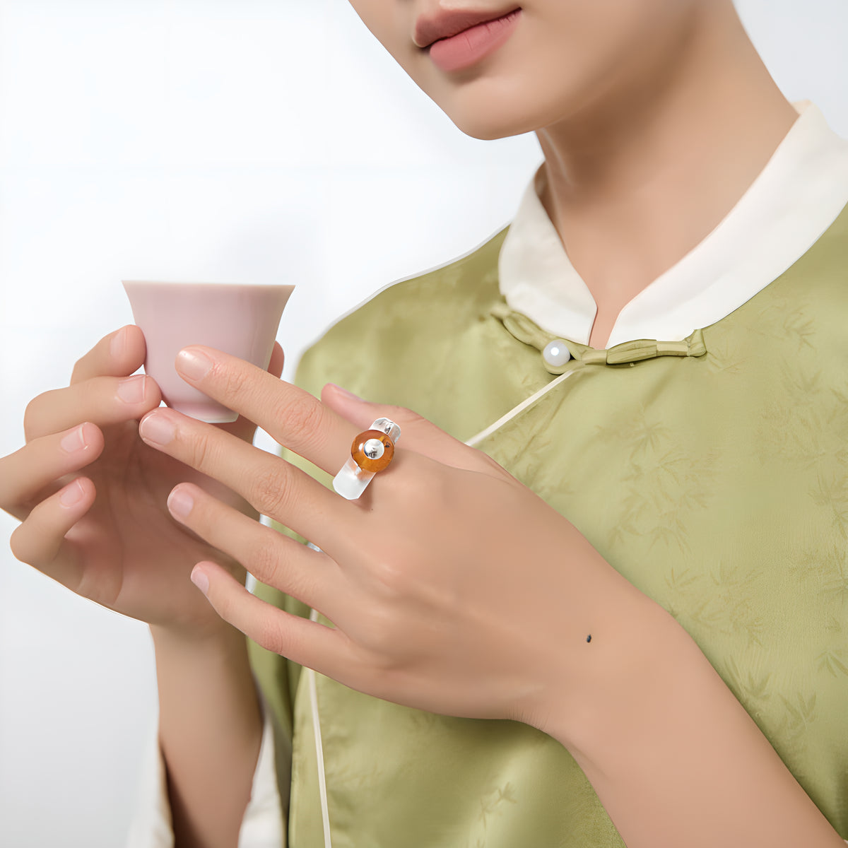S925 Sterling Silver Tea Pot Ring with Amber Inlay Adjustable Opening