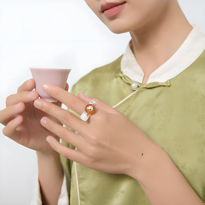 S925 Sterling Silver Tea Pot Ring with Amber Inlay Adjustable Opening
