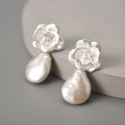 S925 Sterling Silver Camellia Flower Earrings Vintage Style