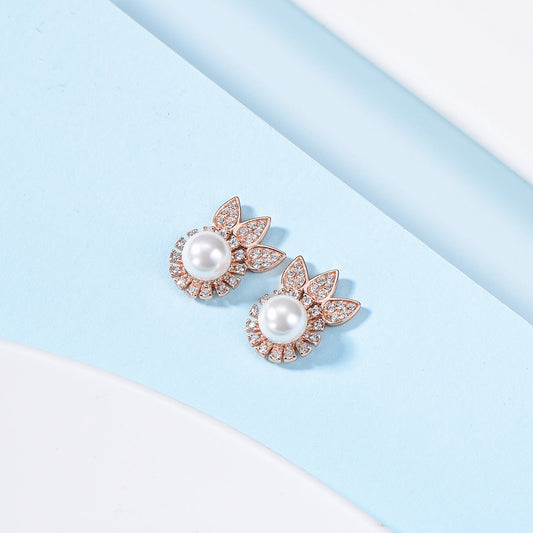 S925 Sterling Silver Floral Pearl Stud Earrings Rose Gold Minimalist