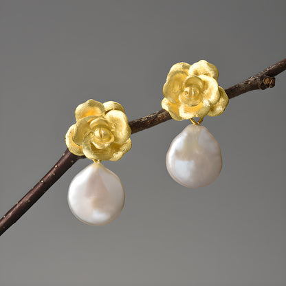 S925 Sterling Silver Camellia Flower Earrings Vintage Style