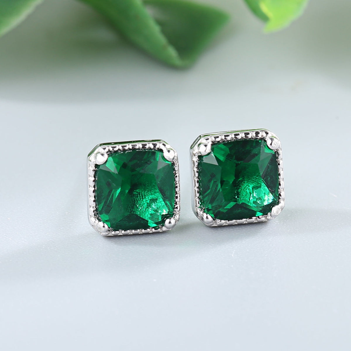 Square Cubic Zirconia Emerald Green Stud Earrings