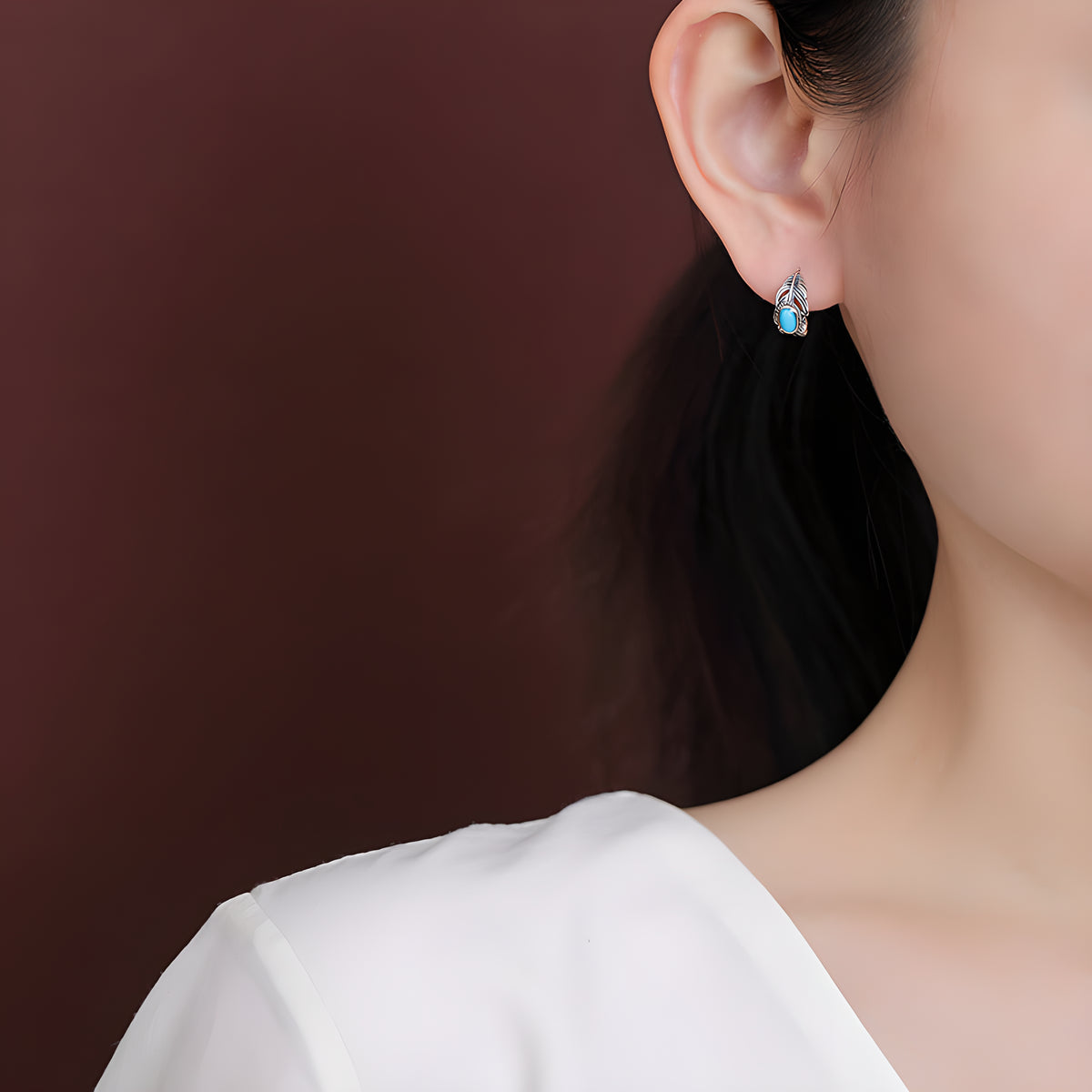 Turquoise S925 Sterling Silver Feather Oval Egg Shape Vintage Bohemian Clip-on Earrings