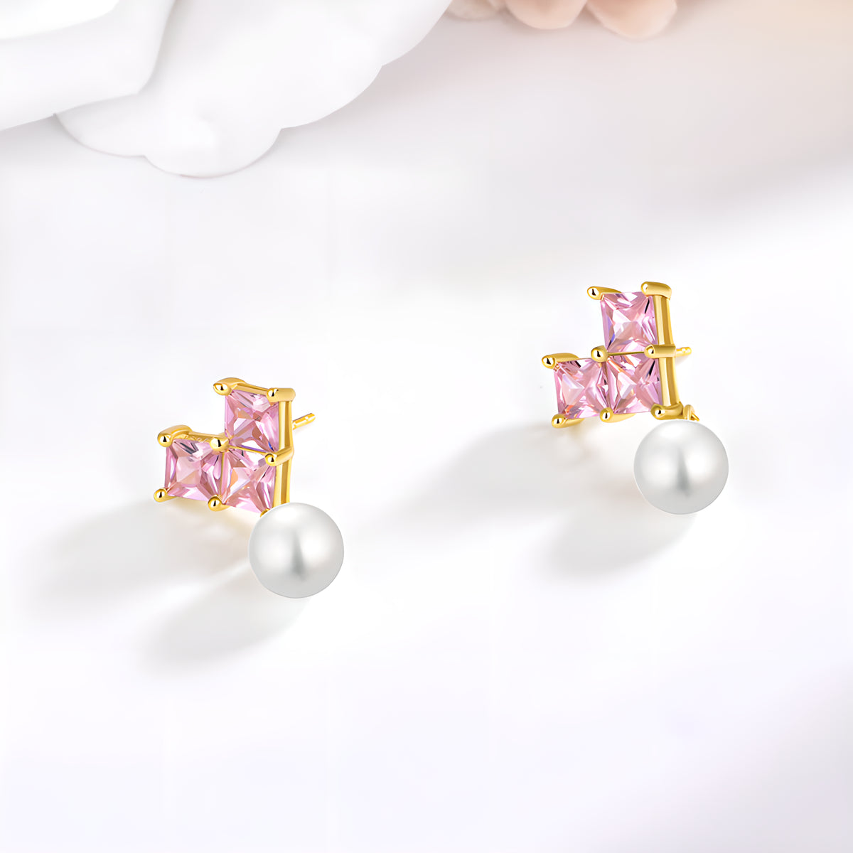 S925 Sterling Silver Pink Heart Necklace & Pearl Earrings Set Sweet Style