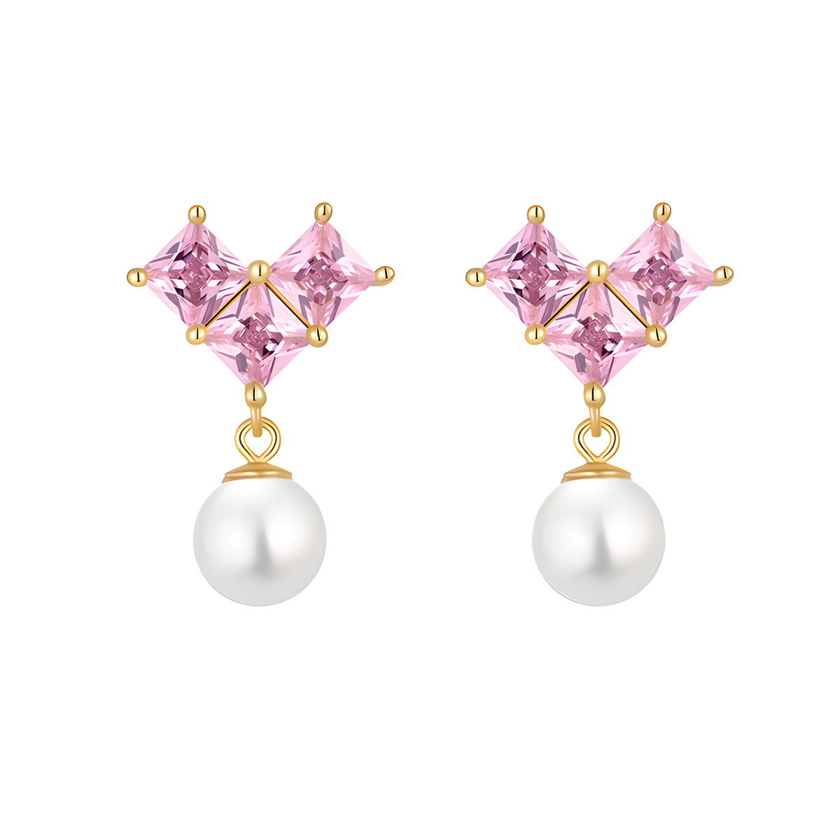 S925 Sterling Silver Pink Heart Necklace & Pearl Earrings Set Sweet Style