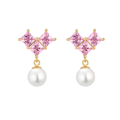 S925 Sterling Silver Pink Heart Necklace & Pearl Earrings Set Sweet Style